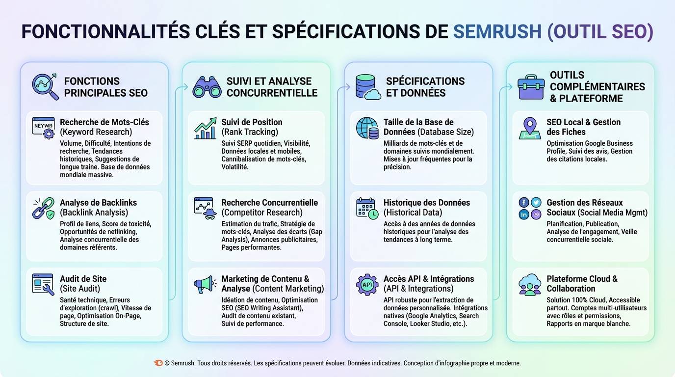 Infographie caractéristiques techniques Semrush - Outil seo