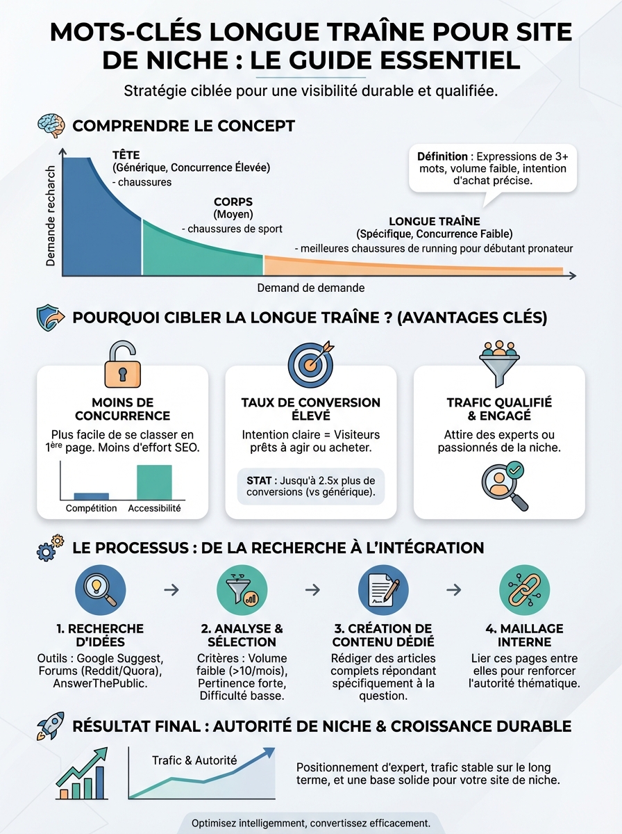 Infographie mots-clés longue traîne site de niche